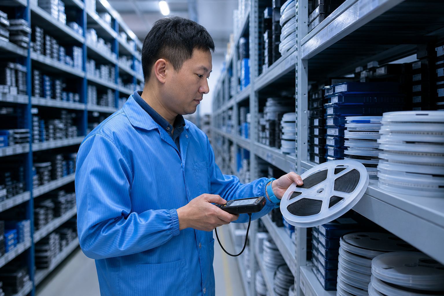 Warehouse staff in ESD gear scanning tray and reel inventory with PDA